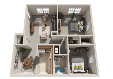 Floor plan for 2 beds, 1 bath, 862 sqft
